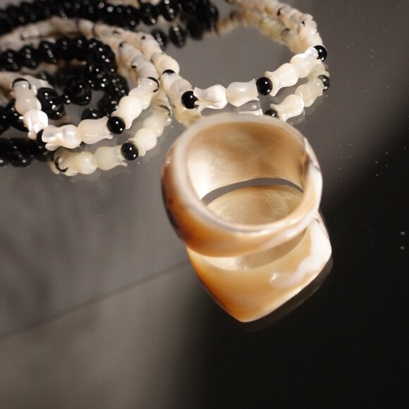 Vintage Black and Shell White floral Beaded Necklace with Shell Ring Accent - Picture 12 of 16